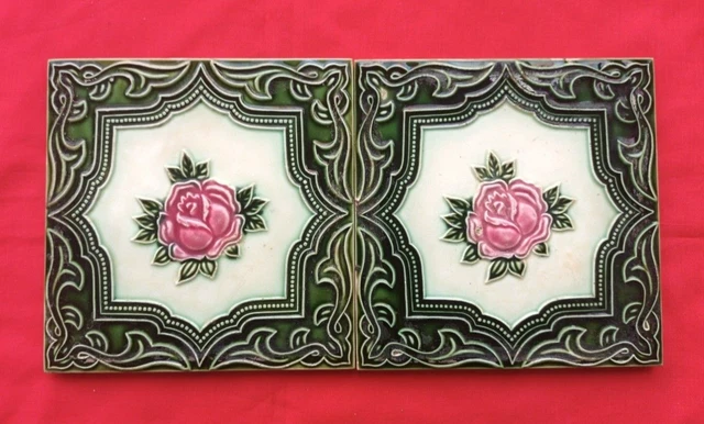 2 Piece Old Art Deco Flower Design Embossed Majolica Ceramic Tiles Japan 0167