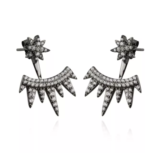 Black Star and Spikes Ear Jacket - 925 Sterling Silver with Clear CZ's  - Posts