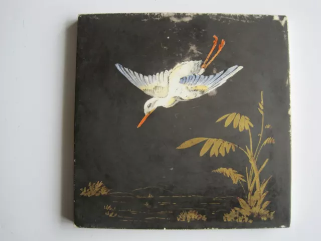 Antique Matt Black/Gilt Tile - Japanesque Crane - Sherwin & Cotton C1880 #1