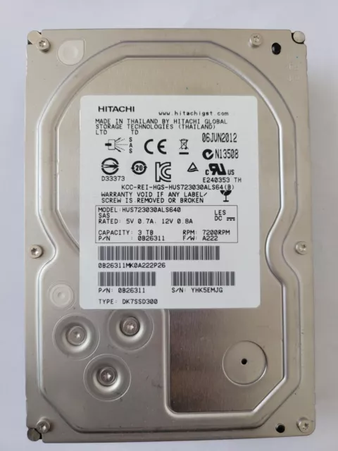 Hitachi 3Tb Sas 3.5" Hard Drive Model: Hus723030Als640 P/N: 0B26311