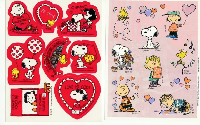 Vintage Hallmark Snoopy Peanuts Valentine's Day Stickers Two sheets 80's 90's