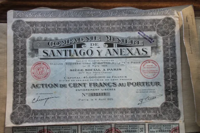 'Action de 100 francs au porteur  "compagnie minière de SANTIAGO Y ANEXAS" 1925