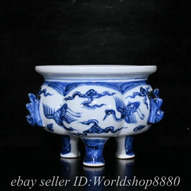 5.6" Xuande Marked Chinese Blue white Porcelain Cranes incense burner Censer