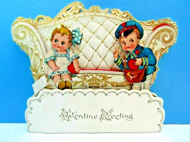 Antique Valentine Die-Cut Fold Out Boy & Girl On Sofa With Honeycomb Seat-German