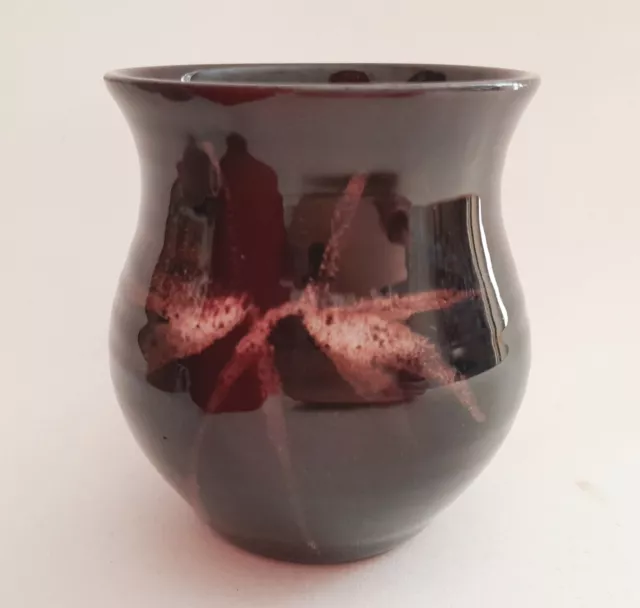 Vtg Tenby Pottery Wales small brown studio vase pot stylised leaves H3¼in 8.2cm