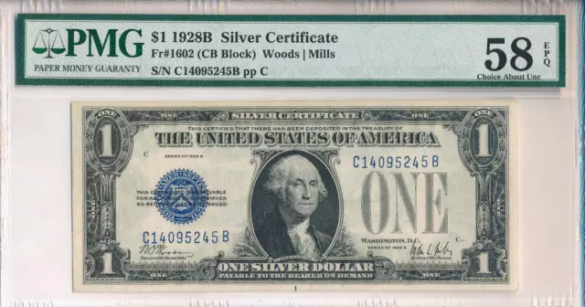 1928-B $1 Silver Certificate **Pmg Certified Choice About Unc 58 Epq**