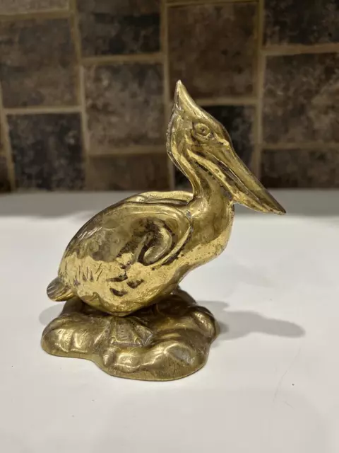 Vintage Cast Brass PELICAN Heavy Paper Weight Decor 5 1/2" Tall.