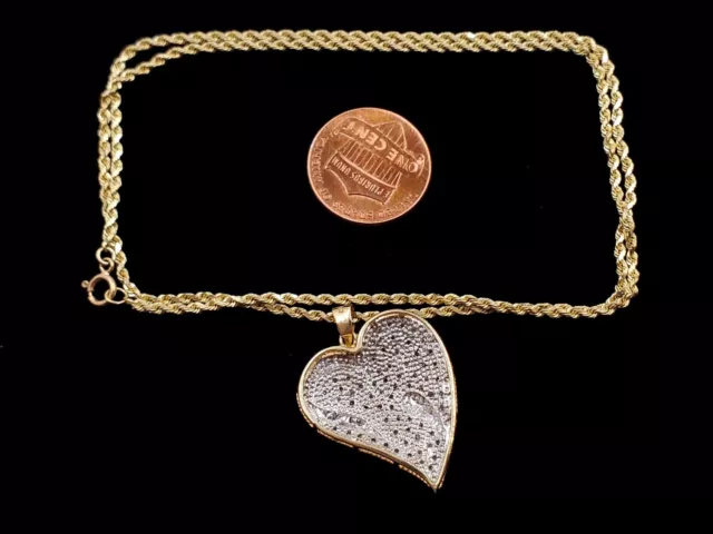 14KT YELLOW GOLD Rope Chain Ring Clasp Heart Pendant W/ Diamonds ...