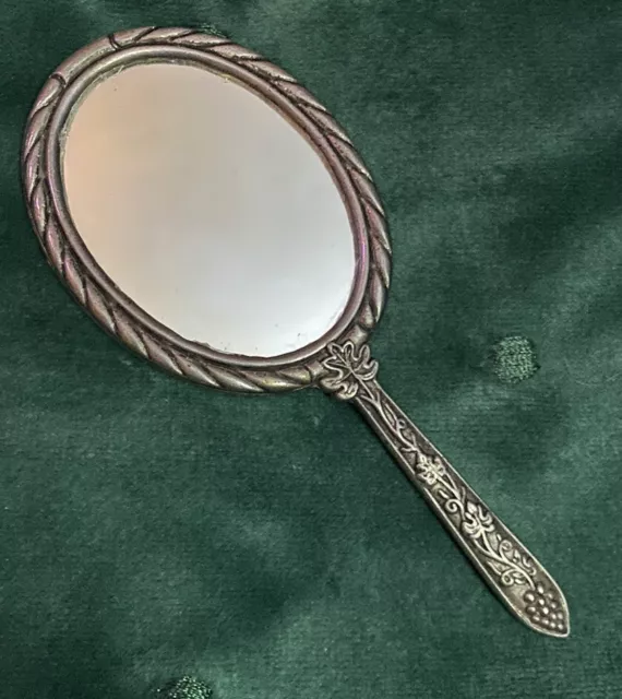 Cute Small Vintage Pewter Handbag Mirror Flower Motif Sticking Filler