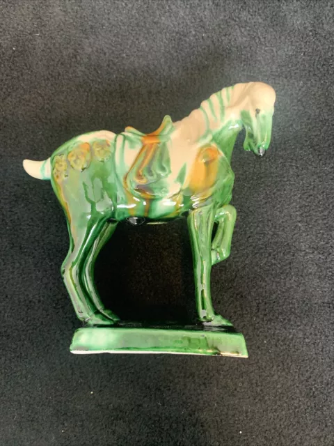 Vintage Chinese Tang Dynasty Drip Style Glaze Ceramic War Horse Figurine