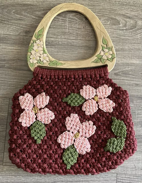 Handmade Painted Macrame Vintage Knitted Floral Wooden Carved Handle Purse Bag