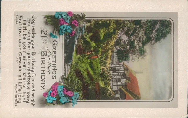 Birthday 21st floral inset cottage by river rotary real photo