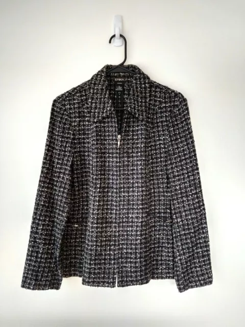 ERIKA Womens Jacket Blazer Top Size 10 Tweed Black White Zip Career Casual