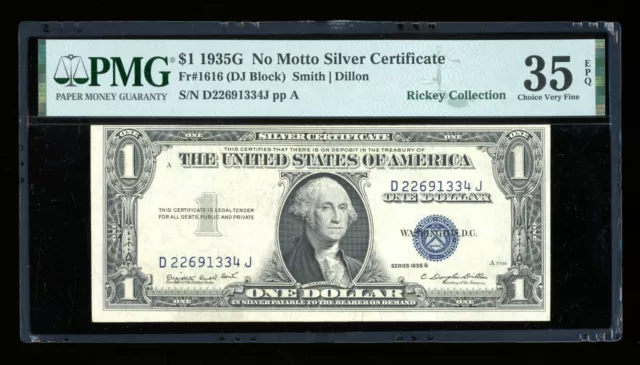 DBR $1 1935-G No Motto Silver Fr. 1616 DJ Block PMG 35 EPQ Serial D22691334J