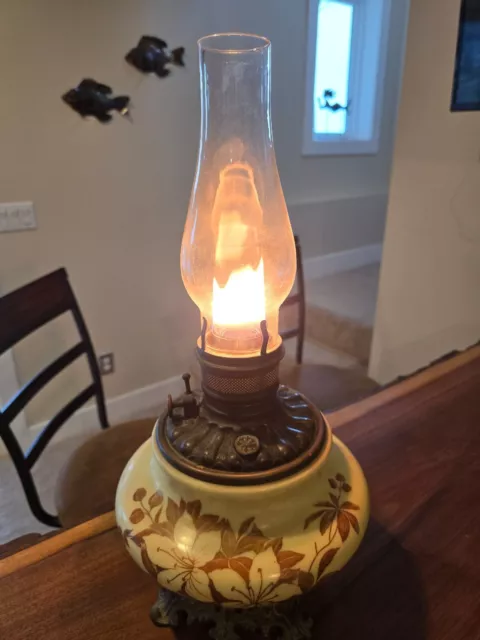 Antique Victorian Parlor Oil Lamp Floral Ball Chimney Glass Brass Claw Feet Vtg.