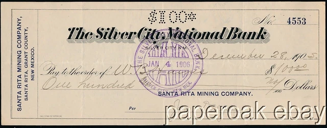 1905 Santa Rita Mining Co. Santa Rita, New Mexico Silver City Bank Check