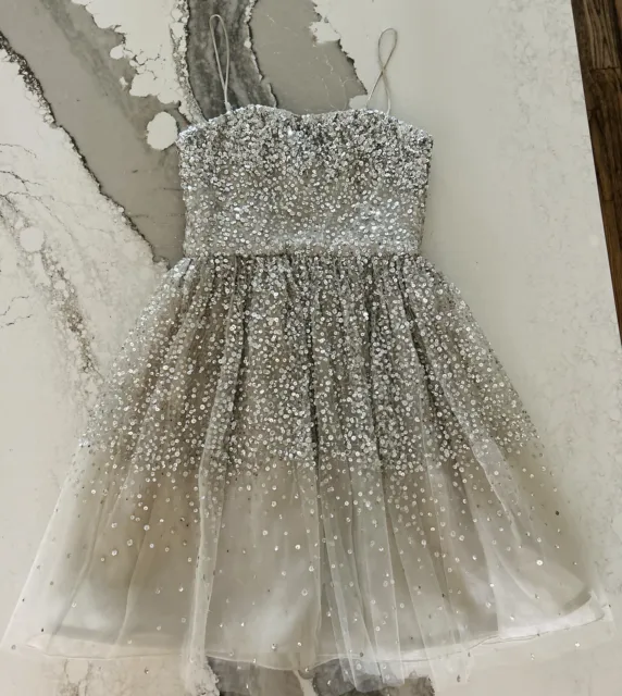 Alice + Olivia Silver Sequin Beaded Embellished Tulle Tallulah Mini Dress