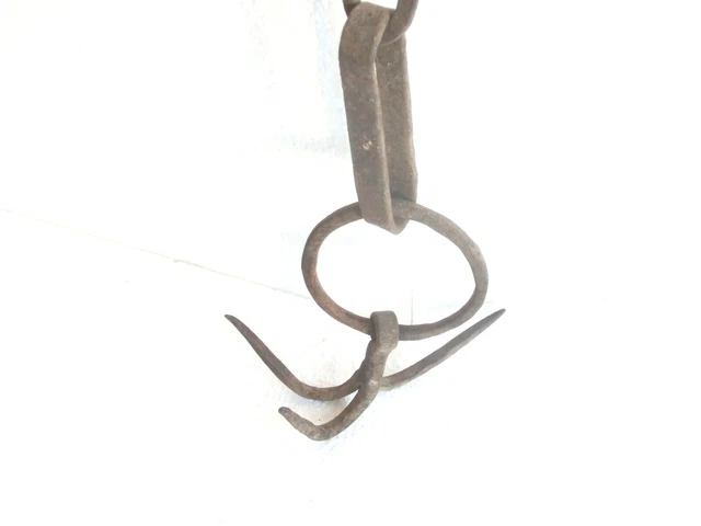 1800's ANTIQUE wrought iron trammel chain pot triple hook ring great wall decor* 3