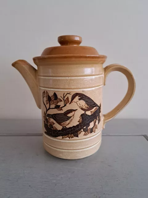 Vintage Ashdale Pottery Coffee/Tea Pot Birds Blue Tits 2 Pint Beige/Tan 22x20cm
