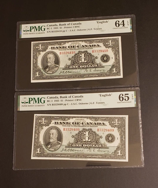 1935 CONSECUTIVE Bank of Canada $1 Banknotes. CHOICE & GEM UNC. PMG Graded. EPQ.