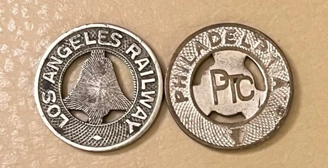 2 X Transit Tokens 1 X Philadelphia PTC, 1 X Los Angeles 1928 Good for One Fare.