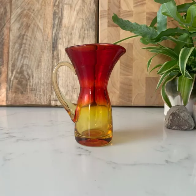 Amberina Hand Blown Mini Glass Pitcher / Jug Red To Yellow / Amber Glass Vase