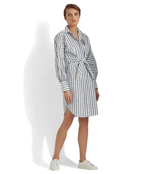 Ralph Lauren Dress Striped Cotton Broadcloth Bow Button Shirtdress Size 4 NEW