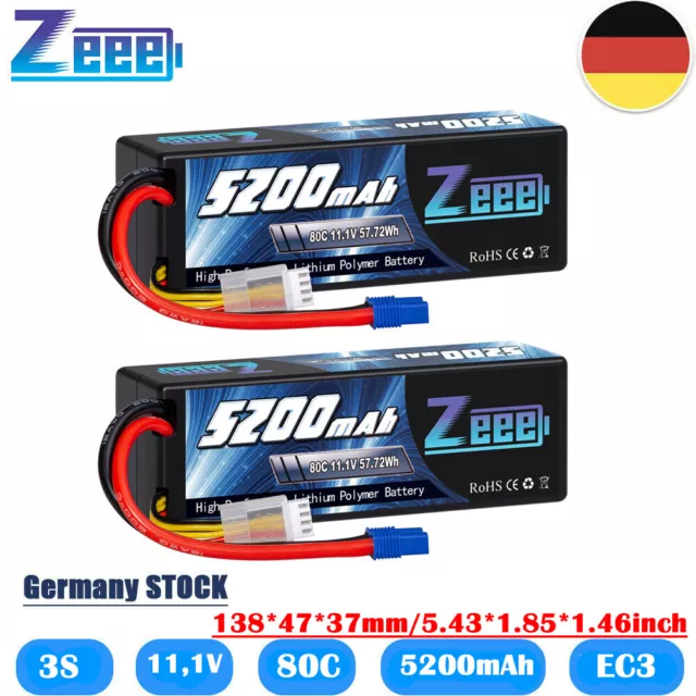 2x Zeee 3S LiPo Akku 5200mAh 11,1V 80C Hardcase EC3 für RC Auto Flugzeug Hobby