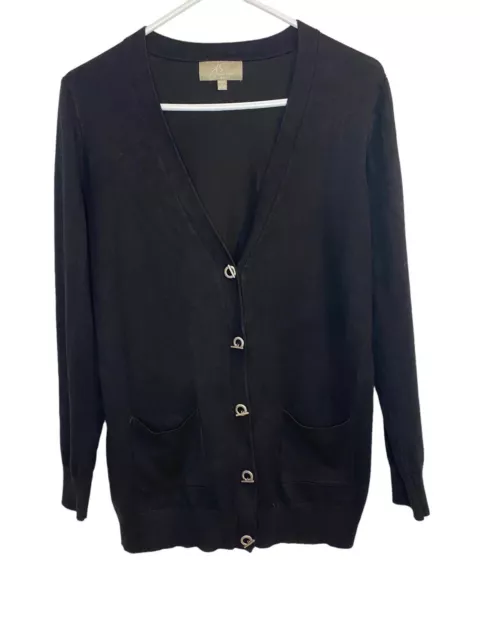 Joan Vass New York Cardigan Sweater Black With Silver Button Detail Size Large