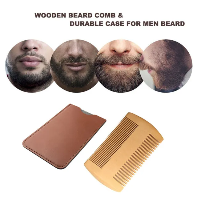 Cepillo peine artesanal para barba de madera bigote para hombre con cuero PU CaEH 2