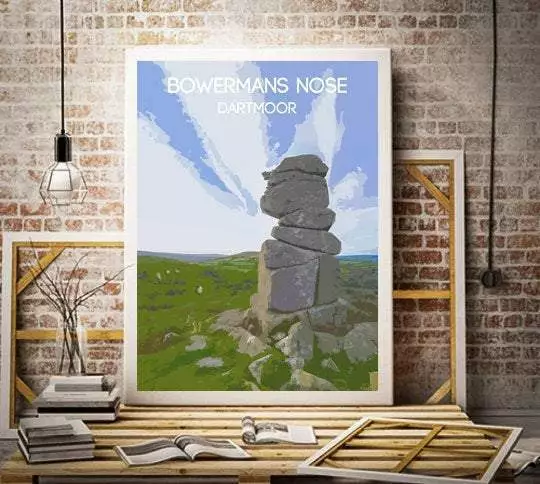 Travel Poster Prints of Bowermans nose, Dartmoor Landscape Photography, Devon wa
