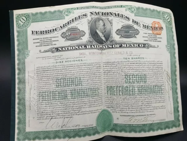 NATIONAL RAILWAYS OF MEXICO 10 Shares 1910 Stock Certificate for framing or prop