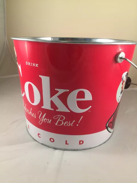 Coca Cola Coke Ice Bucket Large Round Galvanized Metal Tin Party Tub Cooler 7”x9 2