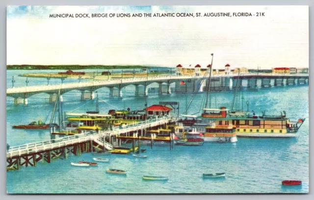 Postal Municipal Dock Bridge Lions Océano Atlántico San Agustín Florida Bandera