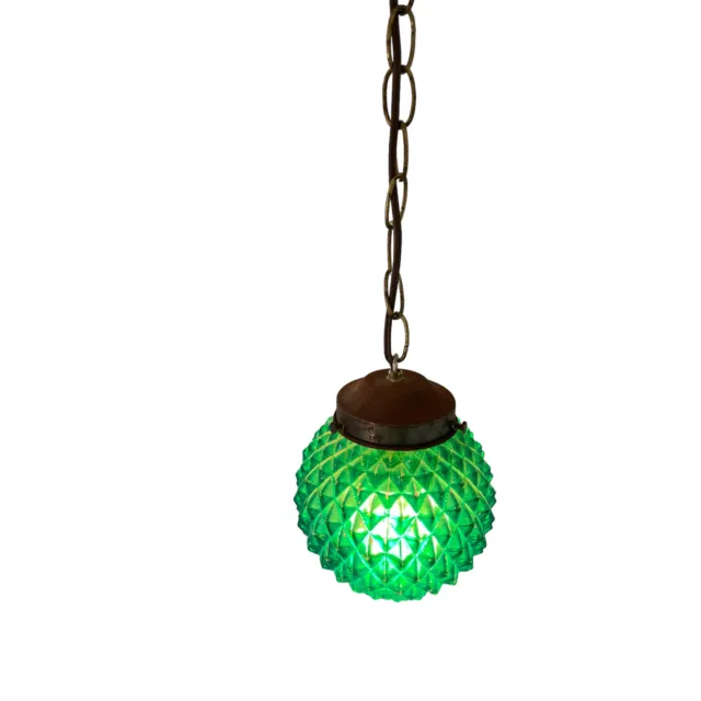 Vintage MCM Hobnail Green Glass Hanging Pendant Swag Light Fixture Orb