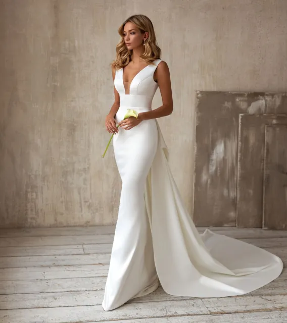 Satin Bridal Wedding Dress Trumpet Silhouette White Watteau Train Sleeveless