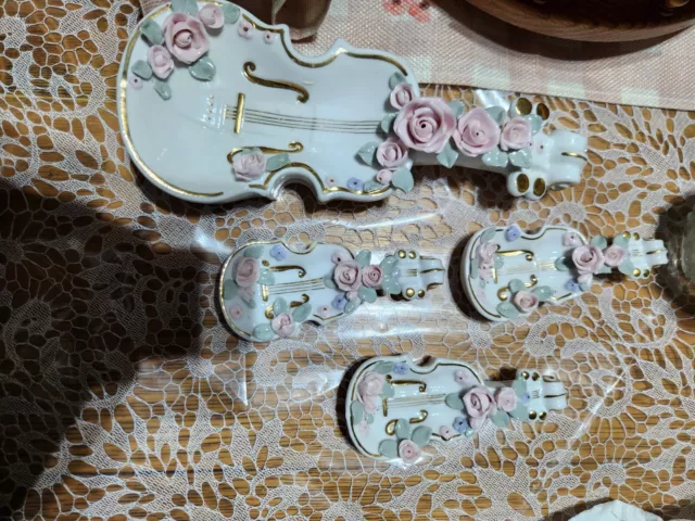 Hand Painted Porcelain Violin cello with Roses Figurine from Lefton China set