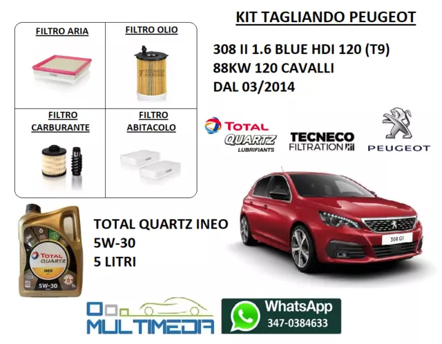 Tagliando Filtri E Olio Originale Total 5W30 Peugeot 308 Ii 1.6 Hdi 120Cv 88Kw