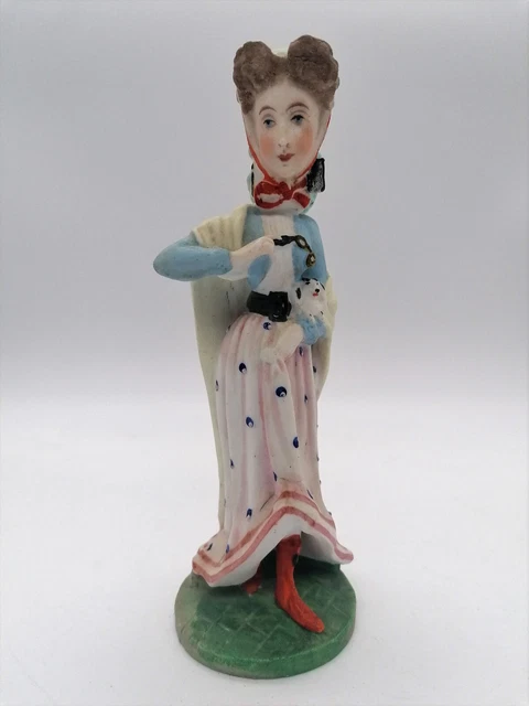 Figurine En Biscuit Femme Anglaise Portant Binocle & Chien Porcelaine