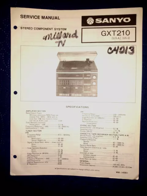 Sanyo Gxt220 Stereo Music System Original Service Repair Manual