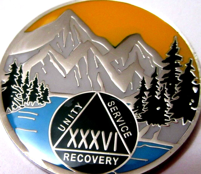 Moneda medallón de plata azul montaña verde Alcohólicos Anónimos 36 años AA ficha