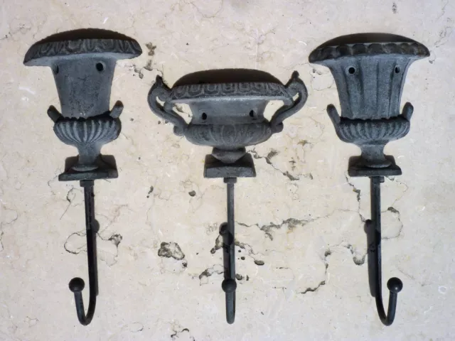 Cast Iron Metal Set/3 Urn Coat Robe Bath Hat Towel Wall Hook Home Garden Decor