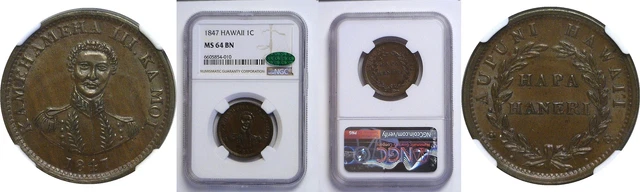 1847 Hawaiian Cent NGC MS-64 BN CAC 1847 Hawaiian Cent NGC MS-64 BN CAC