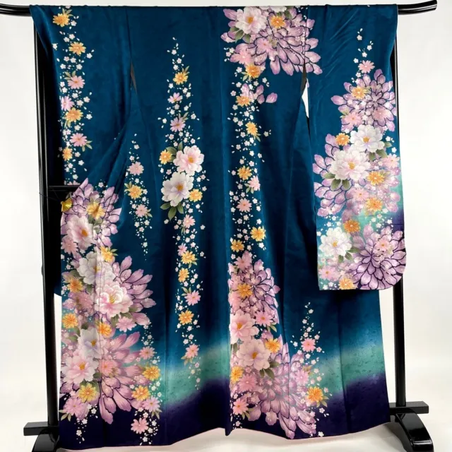 Japanese kimono SILK"FURISODE" long sleeves, Gold/Silver, Peonies,L64.5"..2492