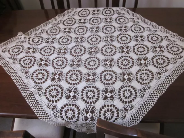 Beautiful Deep Cream Hand Worked Square Crochet Lace Tablecloth