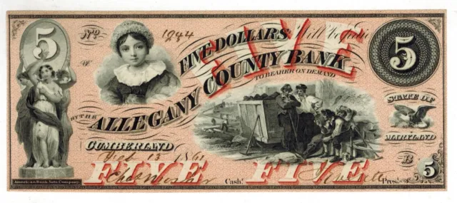 1861 Cumberland Maryland ALLEGANY COUNTY BANK $5 Obsolete Currency, Red