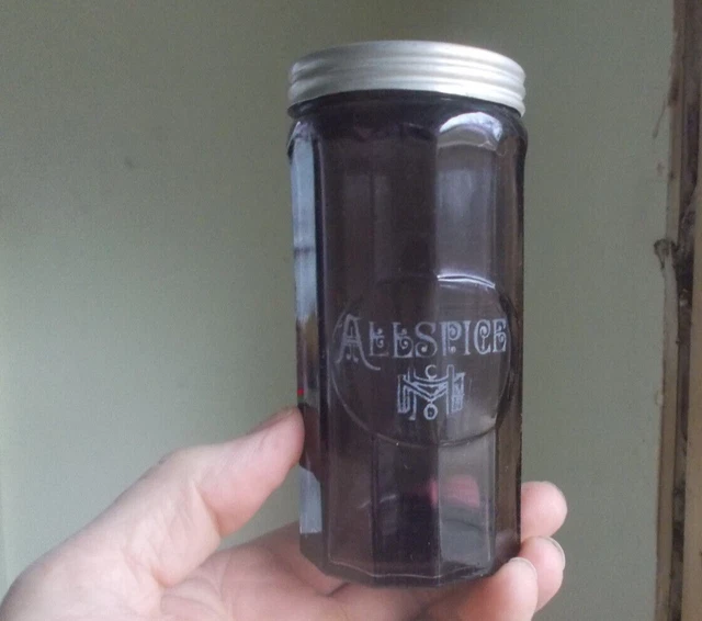 1915 Original Allspice Amethyst Glass 12 Sided Jar &Lid From Hoosier Cabinet