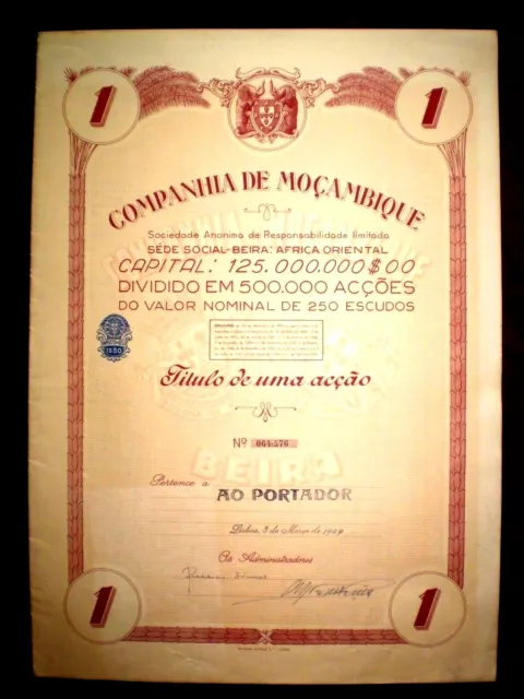 Companhia de Moçambique,share certificate 1949 Portuguese Mozambique