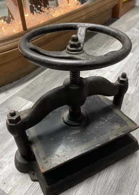 Antique Cast Iron Book Binder Book Press w Wheel Handle Industrial C1800-1900Era