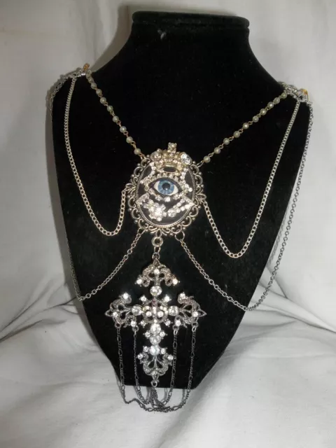 Vintage Victorian Lover's Antique Eye Rhinestone Heraldic Crown Necklace OOAK